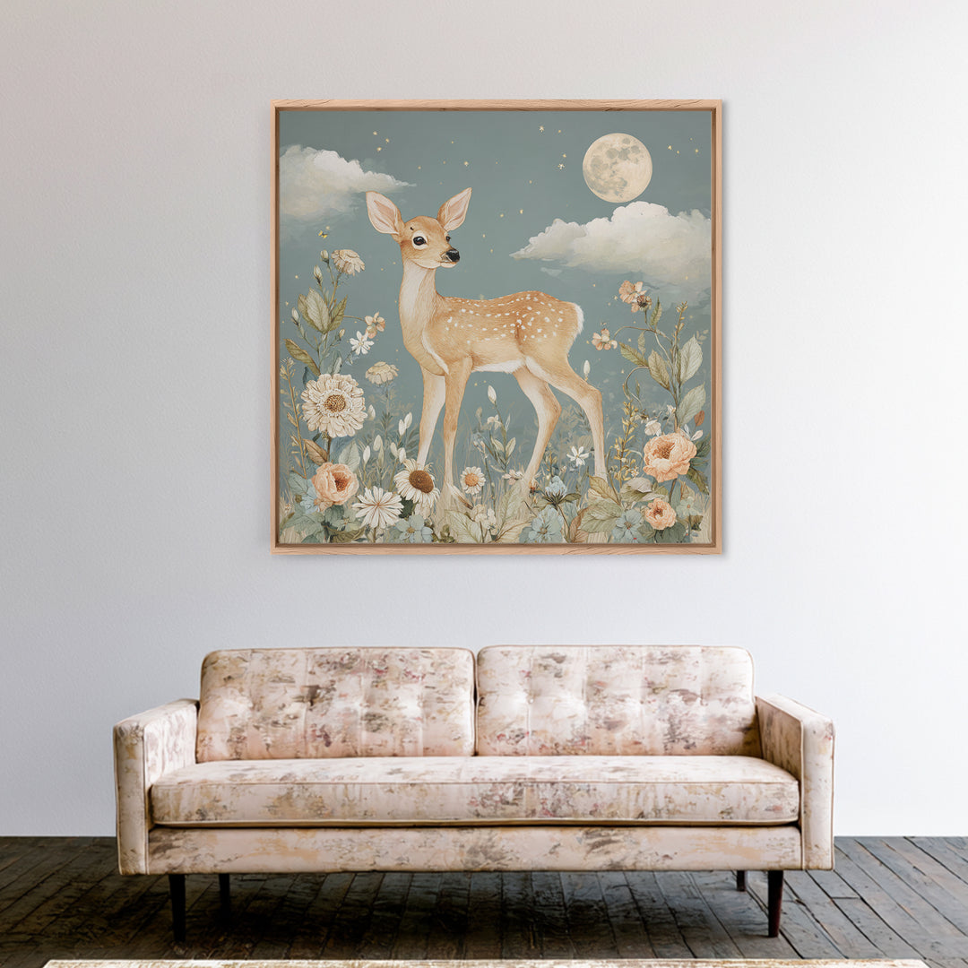 Baby Deer in Meadow with Fireflies Framed Canvas Print, Nursery Decor, Nursery Wall Decals, Oil Painting, Nursery, NDE-1x1-46