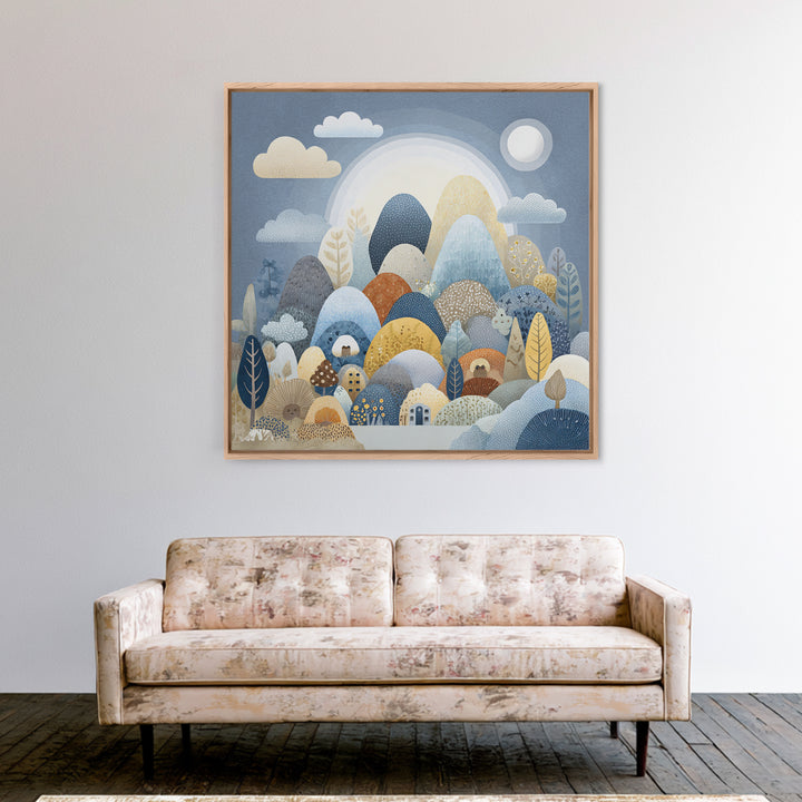 Calm Mountain Nursery Landscape Framed Canvas Print, Nursery Decor, Art Print, Oil Painting, Nursery, Woodland Nursery Decor, NDE-1x1-48