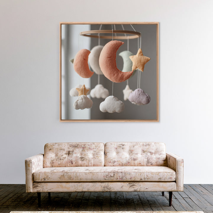 Moon Phase Mobile Framed Canvas Print, Nursery Decor, Nursery Wall Decal, Oil Painting, Nursery, Minimalist Decor, NDE-1x1-51