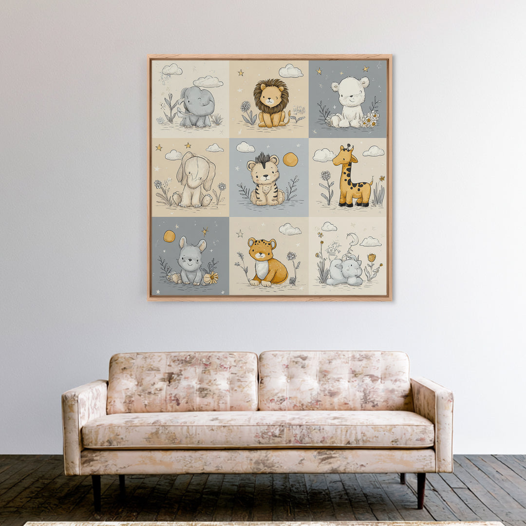 Cute Safari Animals Framed Canvas Print, Nursery Decor, Floral Wall Art, Fine Art, Nursery, Gallery Decor, Neutral Decor, NDE-1x1-52