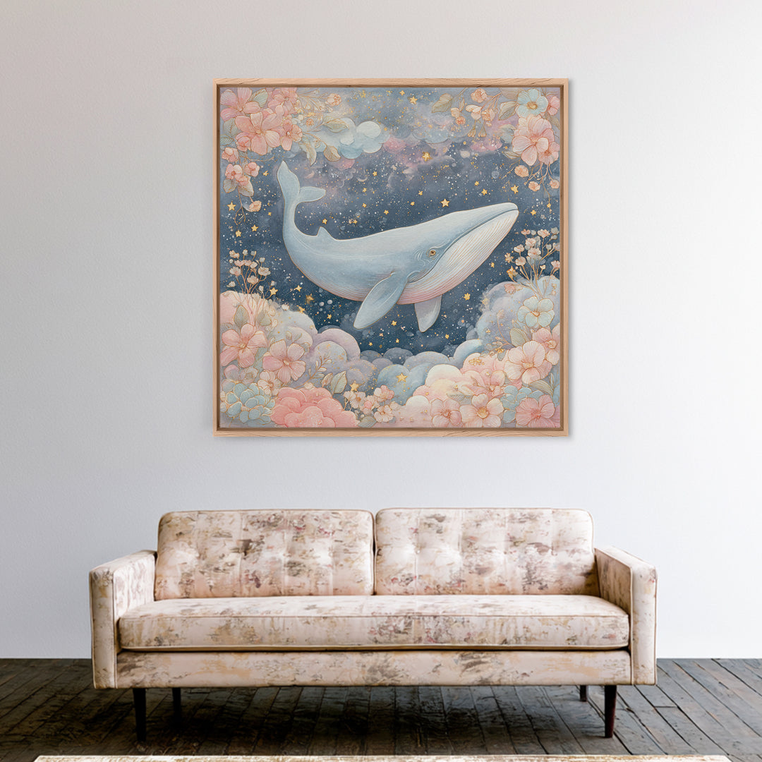 Baby Whale Swimming Through Stars Framed Canvas Print, Nursery Decor, Nursery, Fine Art, Nursery, Baby Girl Nursery Decor, NDE-1x1-56