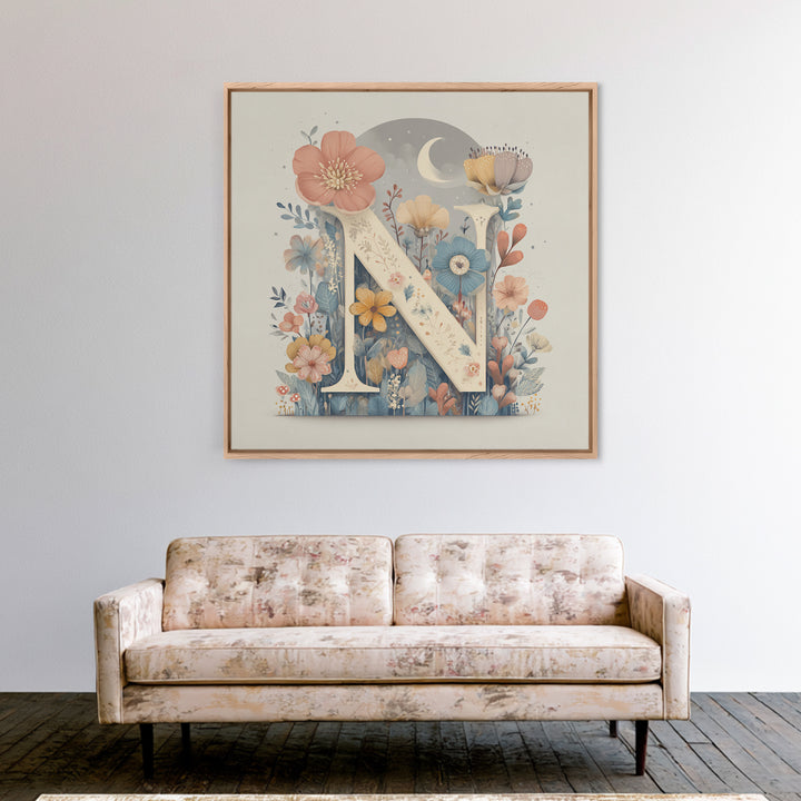 Soft Floral Initial Frame Without Letters Framed Canvas Print, Nursery Decor, Boy Nursery Decor, Fine Art, Nursery, NDE-1x1-58