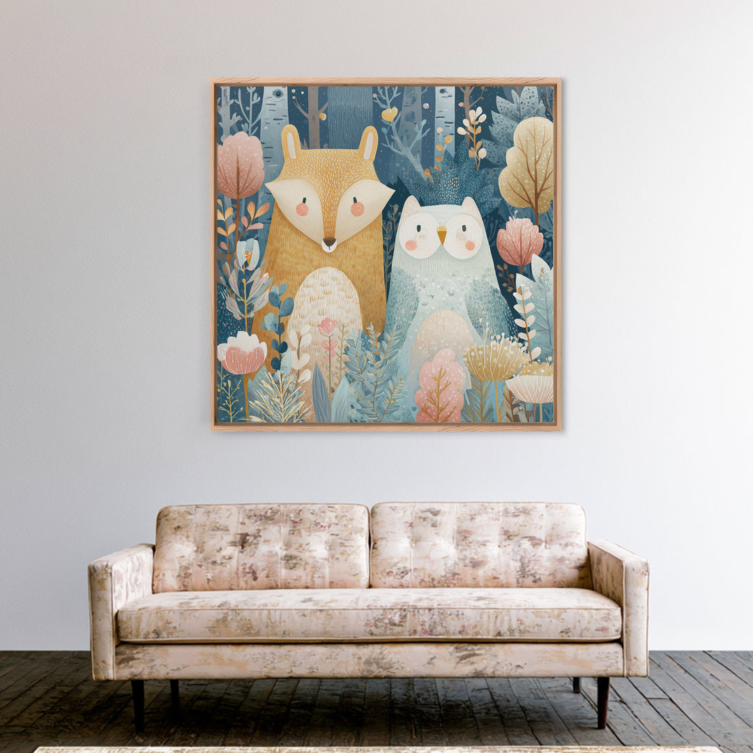 Fox and Owl Friends Framed Canvas Print, Nursery Decor, Gallery Decor, Fine Art, Nursery, Wall Art, Home Decor, Wall Decor, NDE-1x1-62