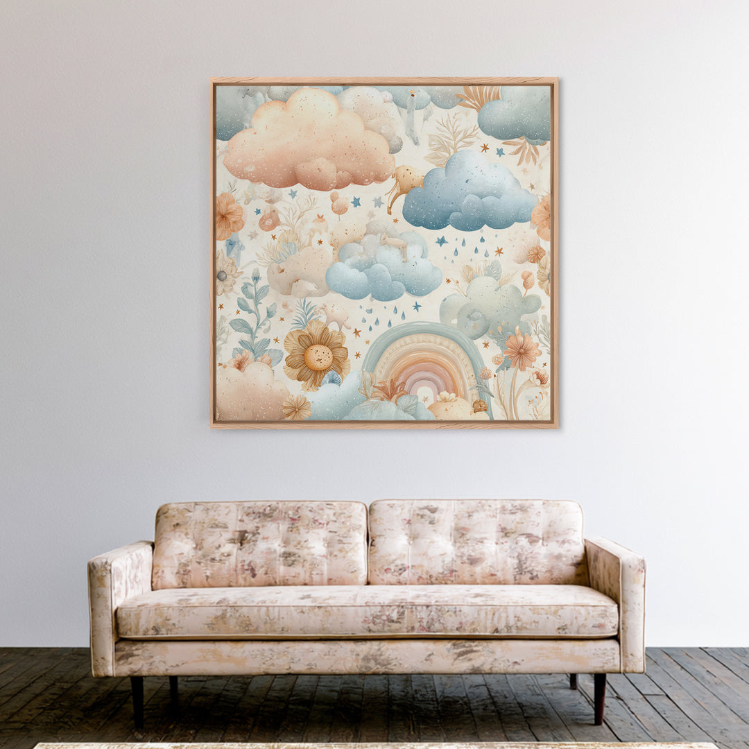 Cloud Rainbow and Raindrop Composition Framed Canvas Print, Nursery Decor, Wall Light, Fine Art, Nursery, Statement Artwork, NDE-1x1-68