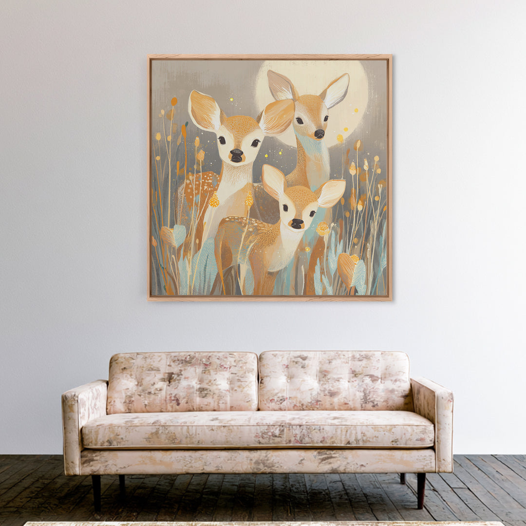 Baby Deer in Meadow with Fireflies Framed Canvas Print, Nursery Decor, Nursery Wall Decals, Oil Painting, Nursery, NDE-1x1-70