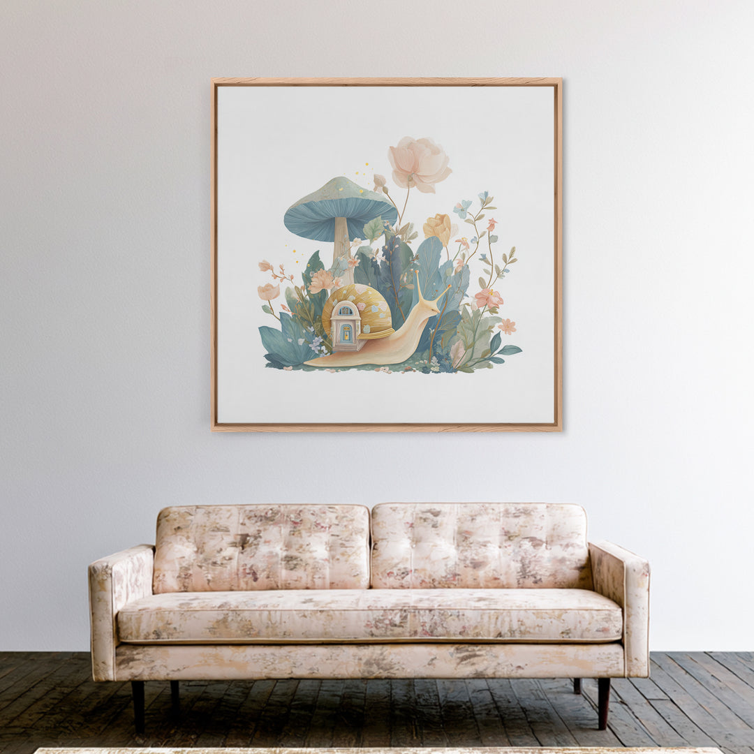 Garden Snail with Mushroom House Framed Canvas Print, Nursery Decor, Woodland Nursery, Watercolor Art, Nursery, NDE-1x1-71