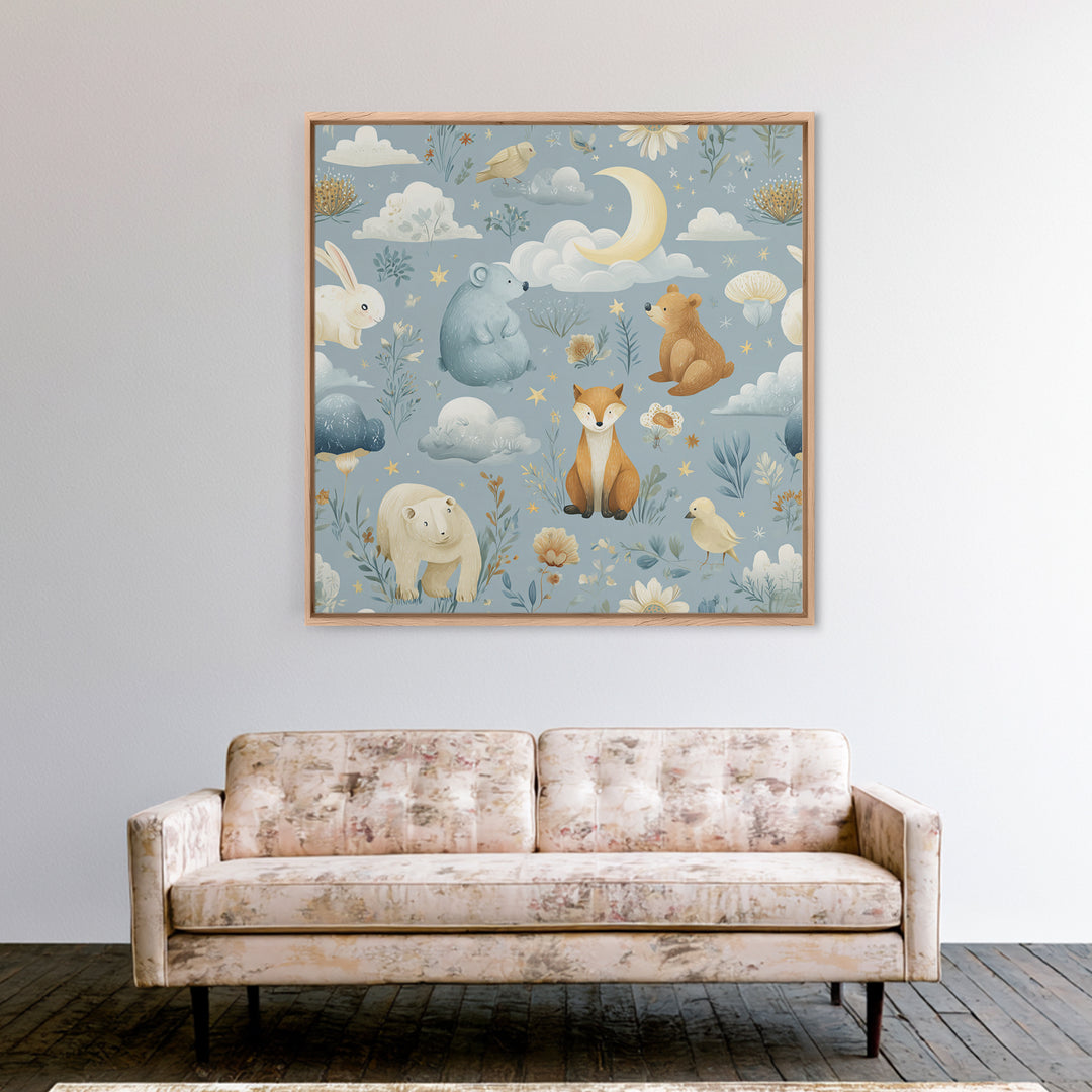 Woodland Animal Parade Framed Canvas Print, Nursery Decor, Fine Art Print, Fine Art, Nursery, Nursery Wall Art, NDE-1x1-74