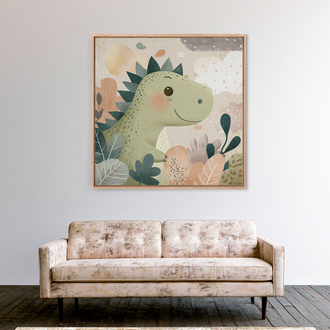 Gentle Dinosaur Family Framed Canvas Print, Nursery Decor, Boho Decor, Oil Painting, Nursery, Nursery Wall Art, Framed Wall Art, NDE-1x1-79