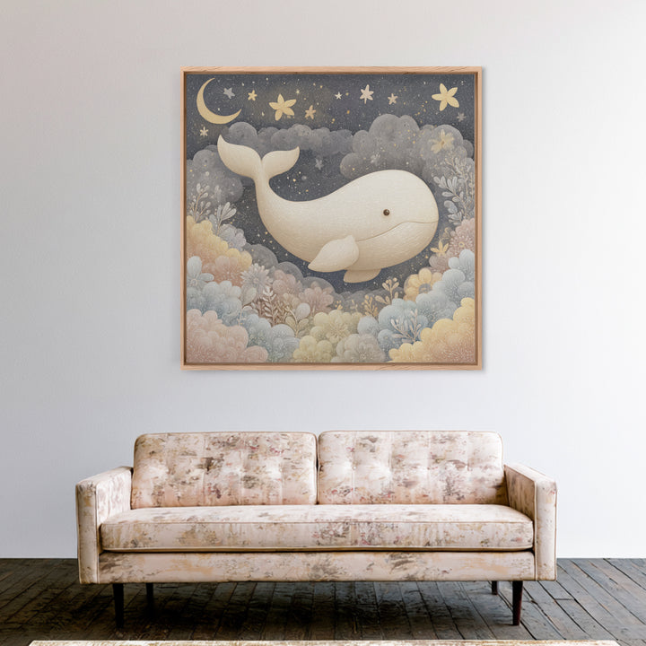Baby Whale Swimming Through Stars Framed Canvas Print, Nursery Decor, Framed Wall Art, Fine Art, Nursery, Safari Nursery Decor, NDE-1x1-8