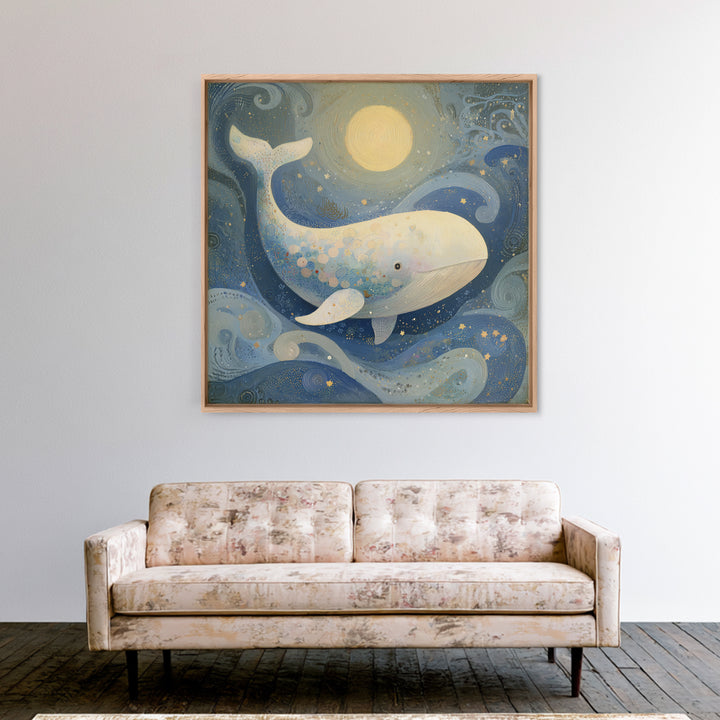Baby Whale Swimming Through Stars Framed Canvas Print, Nursery Decor, Fine Art Print, Fine Art, Nursery, Printable Wall Art, NDE-1x1-80
