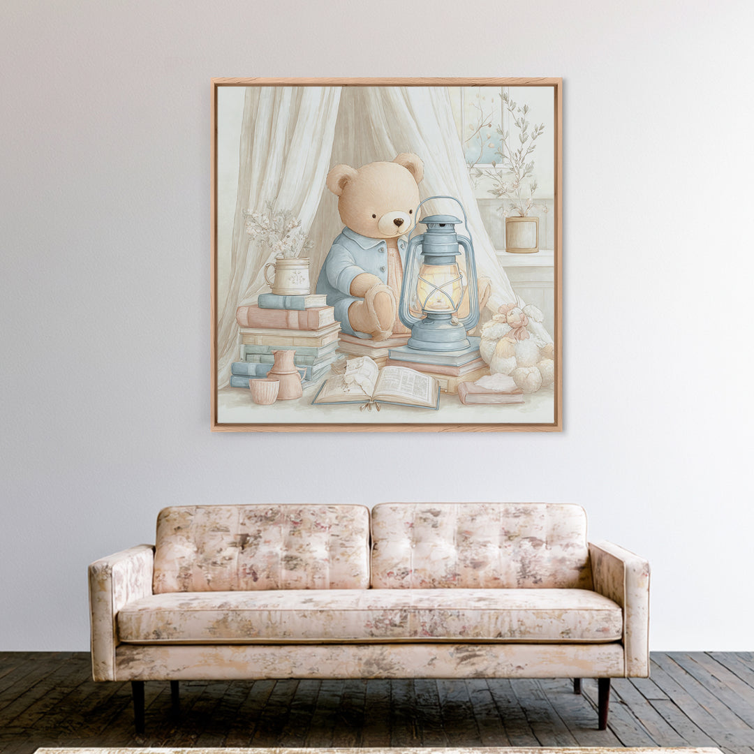 Storybook Bear with Little Lantern Canvas Print, Nursery Decor, Art Print, Fine Art, Nursery, Woodland Nursery Decor, NDE-1x1-81