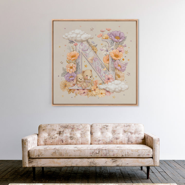 Soft Floral Initial Frame Without Letters Canvas Print, Nursery Decor, Boho Decor, Fine Art, Nursery, Nursery Wall Art, NDE-1x1-82