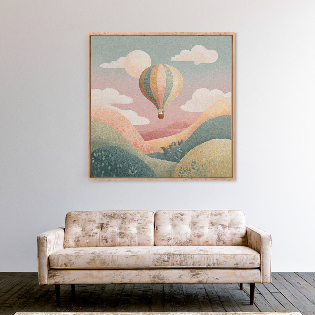 Hot Air Balloon Drifting Framed Canvas Print, Nursery Decor, Kids Wall Art, Abstract Art, Nursery, Room Decor, NDE-1x1-84