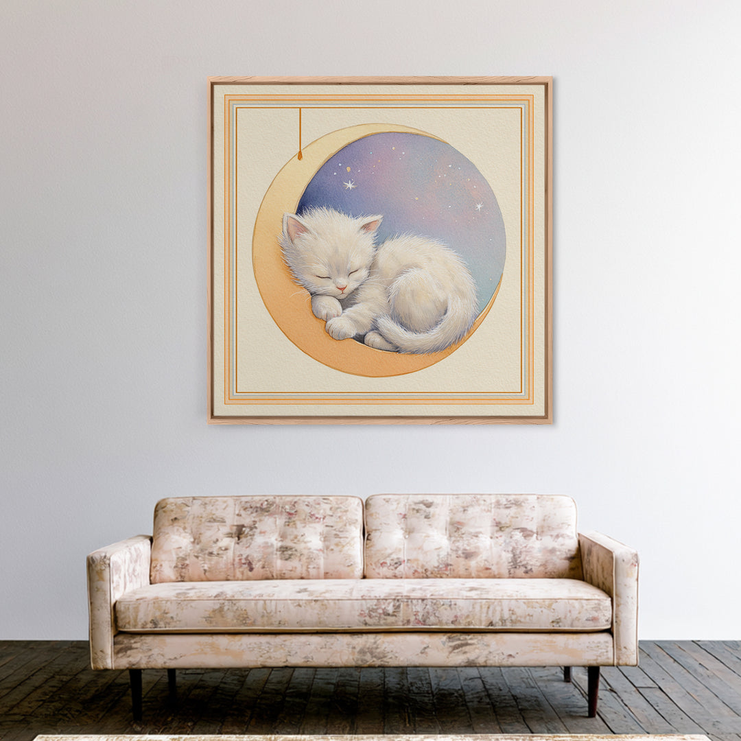 Sleeping Kitten on Crescent Moon Canvas Print, Nursery Decor, Contemporary Art, Nursery, Wall Decals, Nursery Wall Decor, NDE-1x1-89