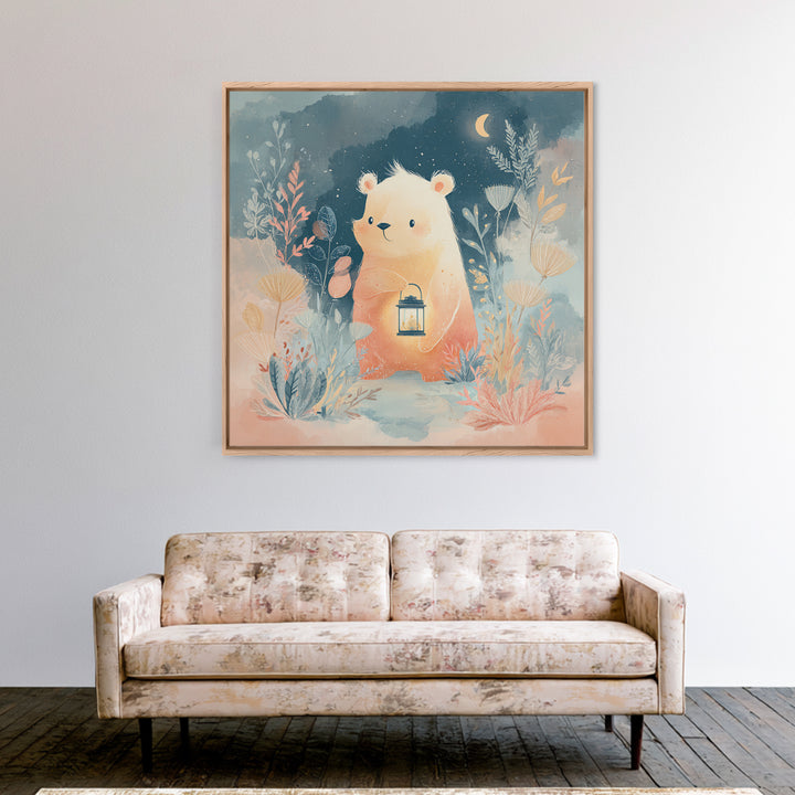 Storybook Bear with Little Lantern Canvas Print, Nursery Decor, Statement Artwork, Fine Art, Nursery, Printable Wall Art, NDE-1x1-9
