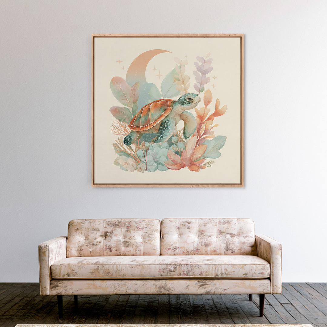 Tiny Turtle with Sea Plants Canvas Print, Nursery Decor, Room Decor, Fine Art, Nursery, Framed Wall Art, Bedroom Decor, NDE-1x1-91