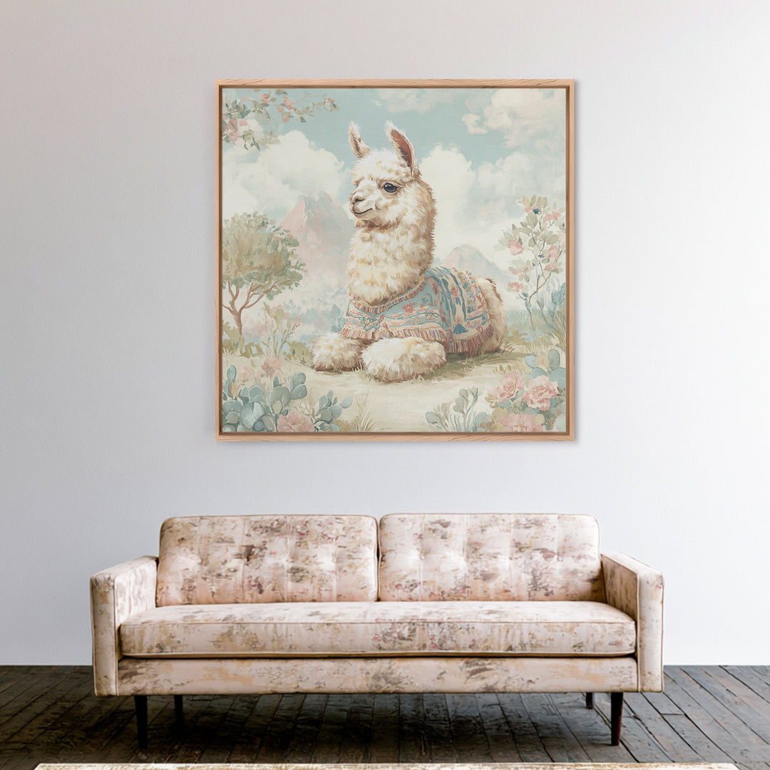 Cute Llama with Blanket Pattern Framed Canvas Print, Nursery Decor, Wall Art, Oil Painting, Nursery, Nursery Wall Decor, NDE-1x1-93
