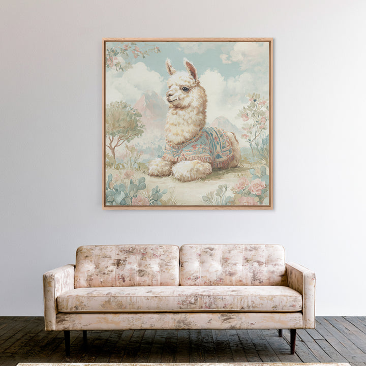 Cute Llama with Blanket Pattern Framed Canvas Print, Nursery Decor, Wall Art, Oil Painting, Nursery, Nursery Wall Decor, NDE-1x1-93