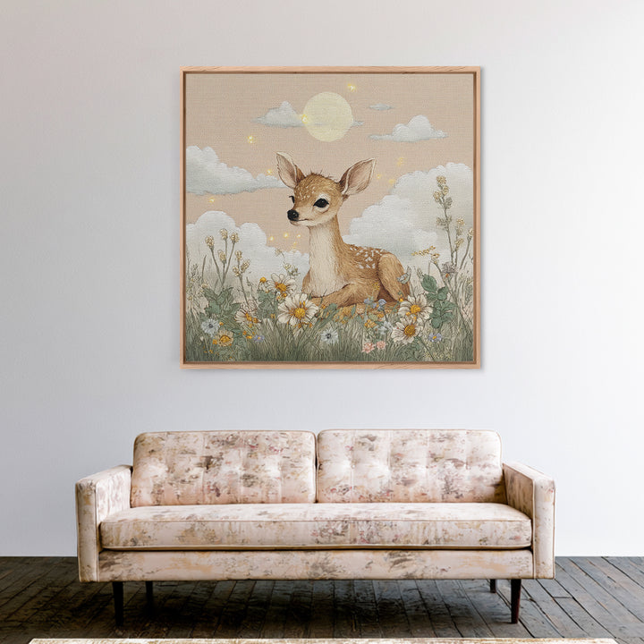 Baby Deer in Meadow with Fireflies Canvas Print, Nursery Decor, Modern Decor, Fine Art, Nursery, Wall Decor, Art Print, NDE-1x1-94