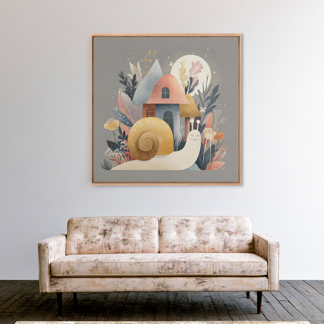 Garden Snail with Mushroom House Canvas Print, Nursery Decor, Fine Art Print, Watercolor Art, Nursery, Printable Wall Art, NDE-1x1-95
