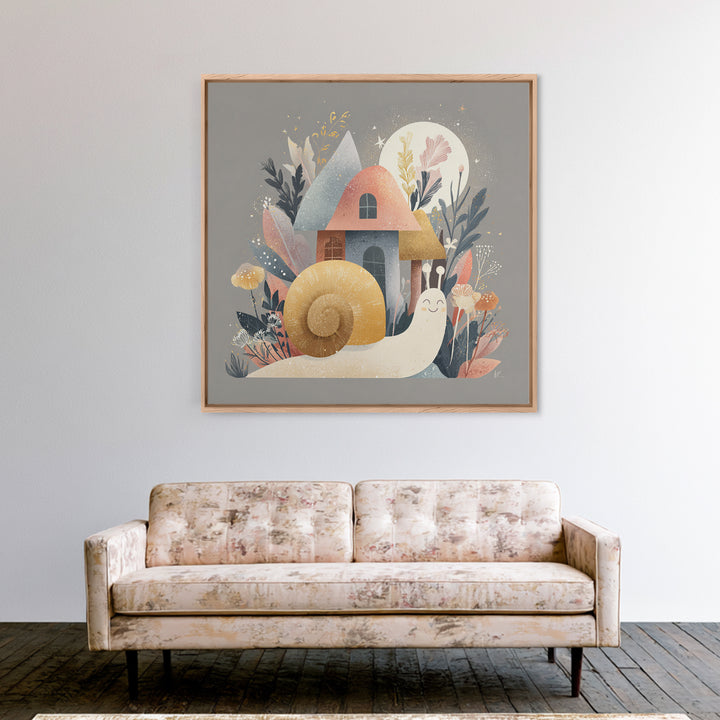 Garden Snail with Mushroom House Canvas Print, Nursery Decor, Fine Art Print, Watercolor Art, Nursery, Printable Wall Art, NDE-1x1-95
