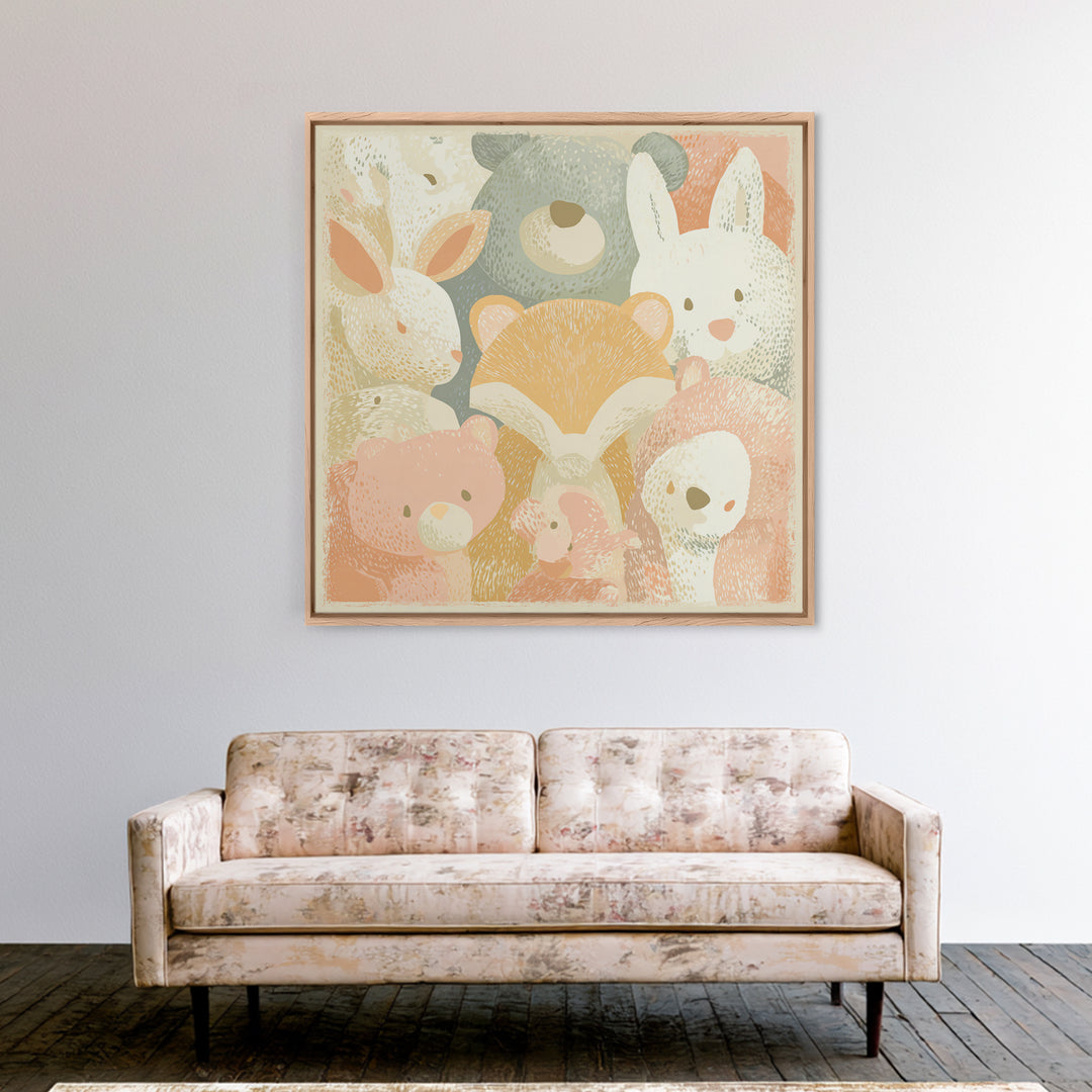 Woodland Animal Parade Canvas Print, Nursery Decor, Textured Painting, Nursery, Bedroom Decor, Wall Decal, Wall Decals, NDE-1x1-98