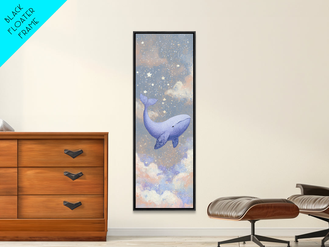 Baby Whale Swimming Through Stars Framed Canvas Print, Nursery Decor, Wall Decor, Fine Art, Nursery, Woodland Nursery Decor, NDE-1x3-20