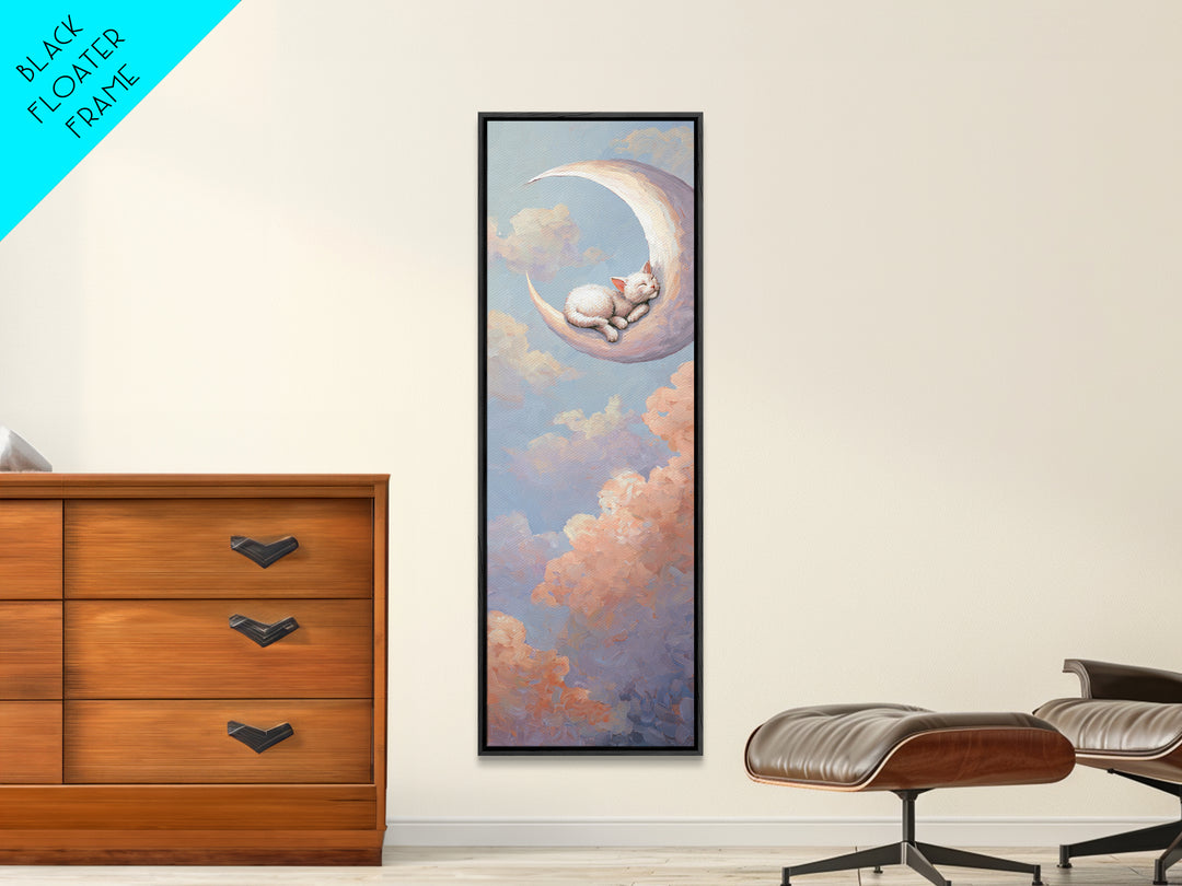 Sleeping Kitten on Crescent Moon Framed Canvas Print, Nursery Decor, Textured Painting, Fine Art, Nursery, Bedroom Decor, NDE-1x3-29