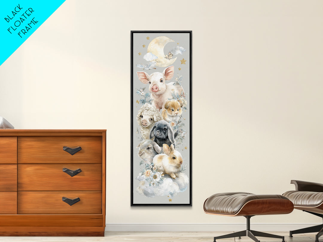 Farm Animals in Soft Watercolor Style Framed Canvas Print, Nursery Decor, Nursery Wall Decal, Oil Painting, Nursery, NDE-1x3-30