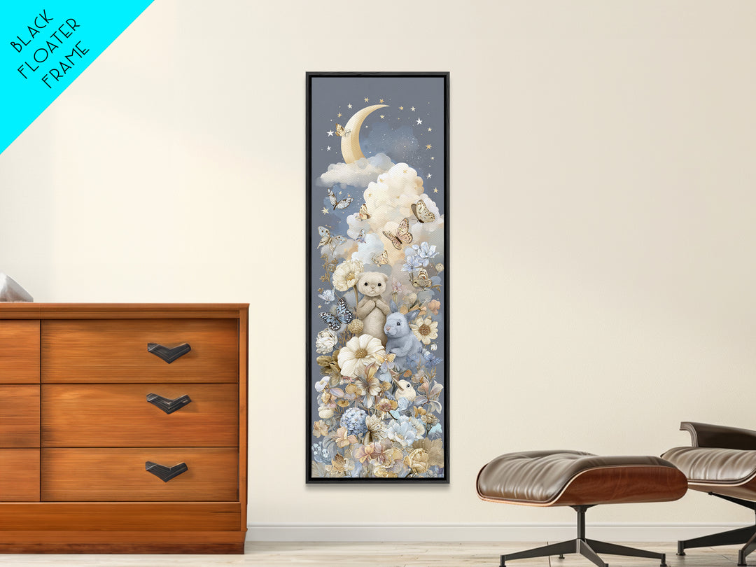 Pastel Butterfly and Wildflower Pattern Framed Canvas Print, Nursery Decor, Wall Decal, Watercolor Art, Nursery, Wall Light, NDE-1x3-52