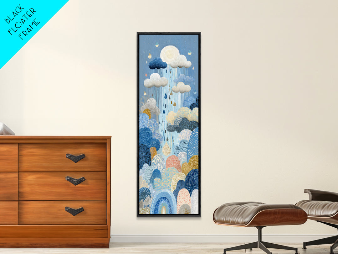 Cloud Rainbow and Raindrop Composition Framed Canvas Print, Nursery Decor, Wall Light, Fine Art, Nursery, Statement Artwork, NDE-1x3-80