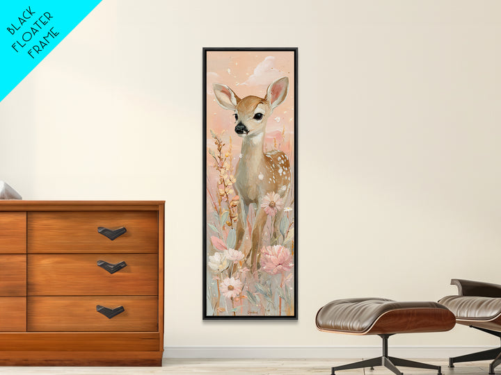 Baby Deer in Meadow with Fireflies Canvas Print, Nursery Decor, Boho Decor, Nursery, Nursery Wall Art, Framed Wall Art, NDE-1x3-82