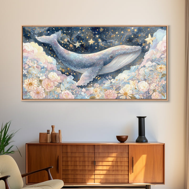 Baby Whale Swimming Through Stars Framed Canvas Print, Nursery Decor, Wall Light, Fine Art, Nursery, Statement Artwork, NDE-2x1-100