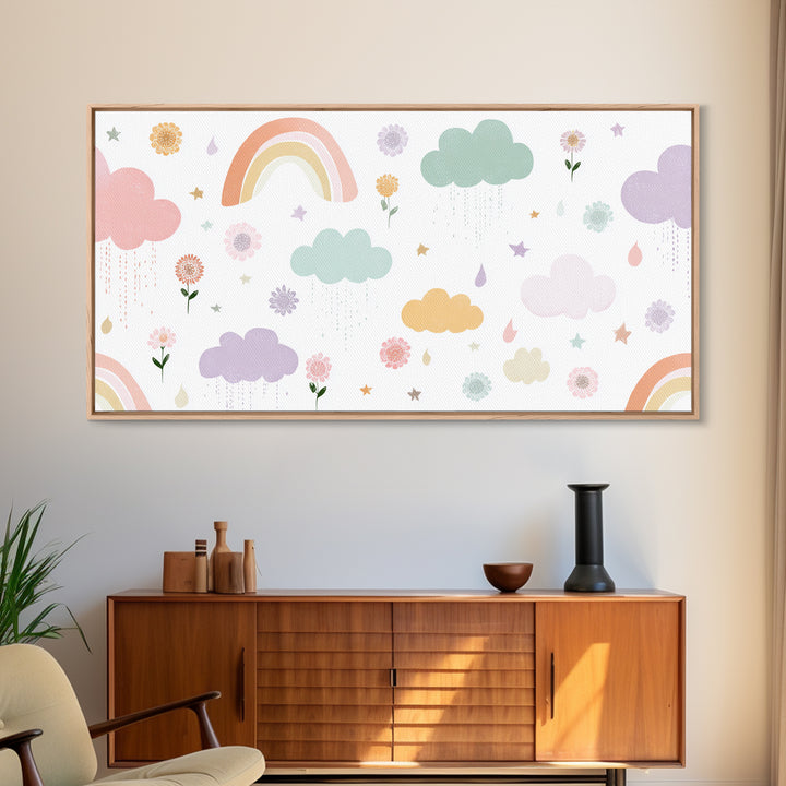 Cloud Rainbow and Raindrop Composition Framed Canvas Print, Nursery Decor, Fine Art Print, Fine Art, Nursery, NDE-2x1-16