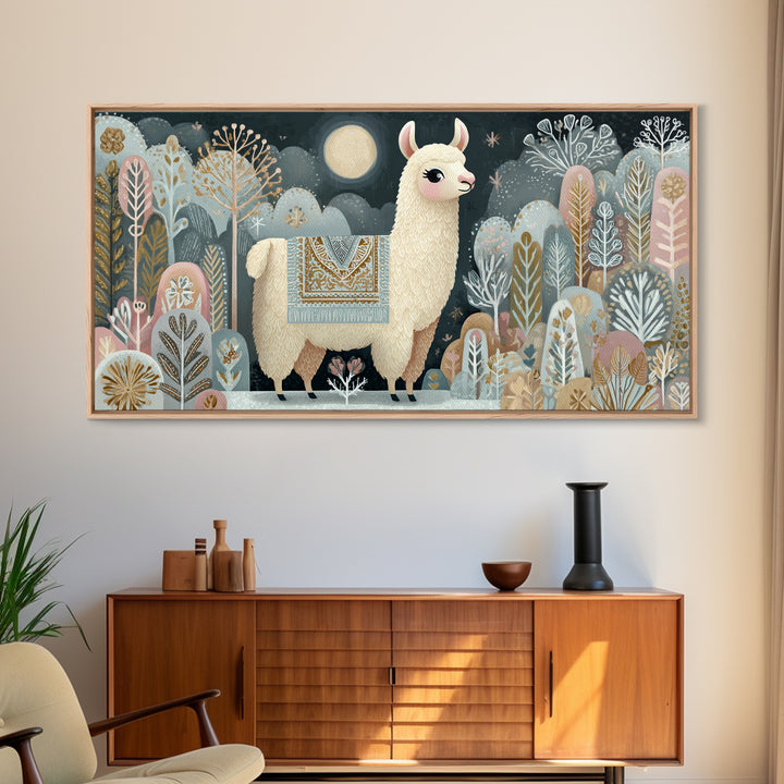 Cute Llama with Blanket Pattern Canvas Print, Nursery Decor, Nursery, Floral Wall Art, Botanical Wall Art, Floral Wallpaper, NDE-2x1-17
