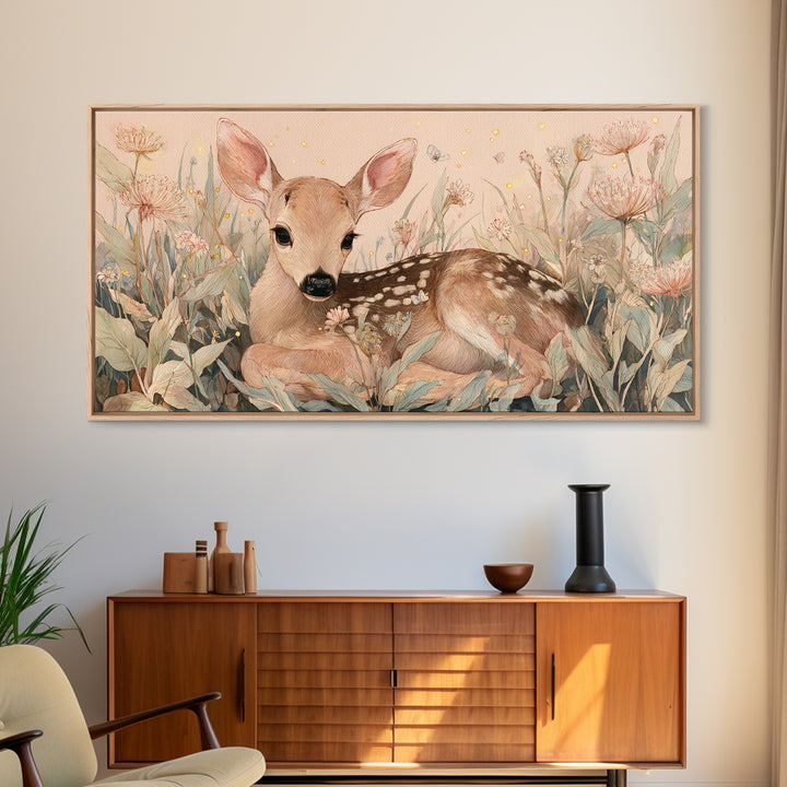 Baby Deer in Meadow with Fireflies Framed Canvas Print, Nursery Decor, Room Decor, Fine Art, Nursery, Framed Wall Art, NDE-2x1-18