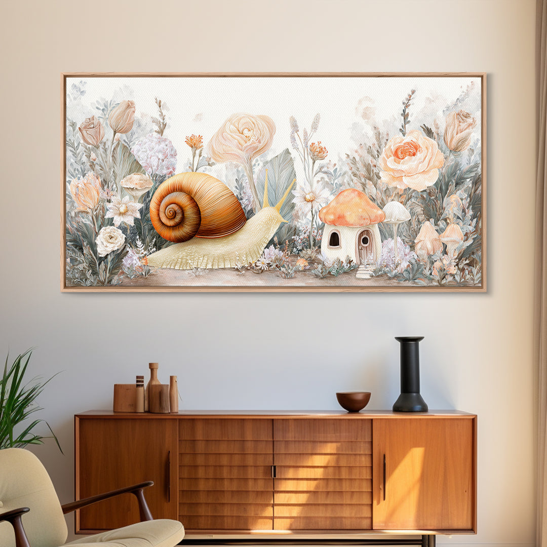Garden Snail with Mushroom House Framed Canvas Print, Nursery Decor, Woodland Nursery, Watercolor Art, Nursery, NDE-2x1-19