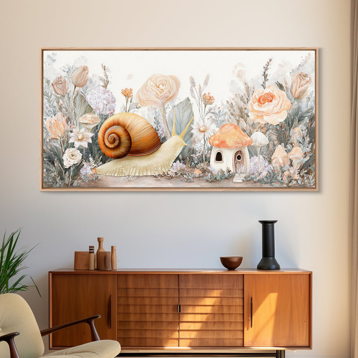 Garden Snail with Mushroom House Framed Canvas Print, Nursery Decor, Woodland Nursery, Watercolor Art, Nursery, NDE-2x1-19