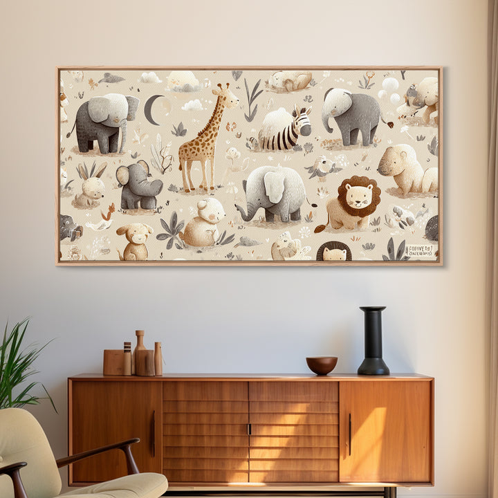 Cute Safari Animals Framed Canvas Print, Nursery Decor, Minimalist Decor, Fine Art, Nursery, Wall Decals, Nursery Wall Decor, NDE-2x1-24