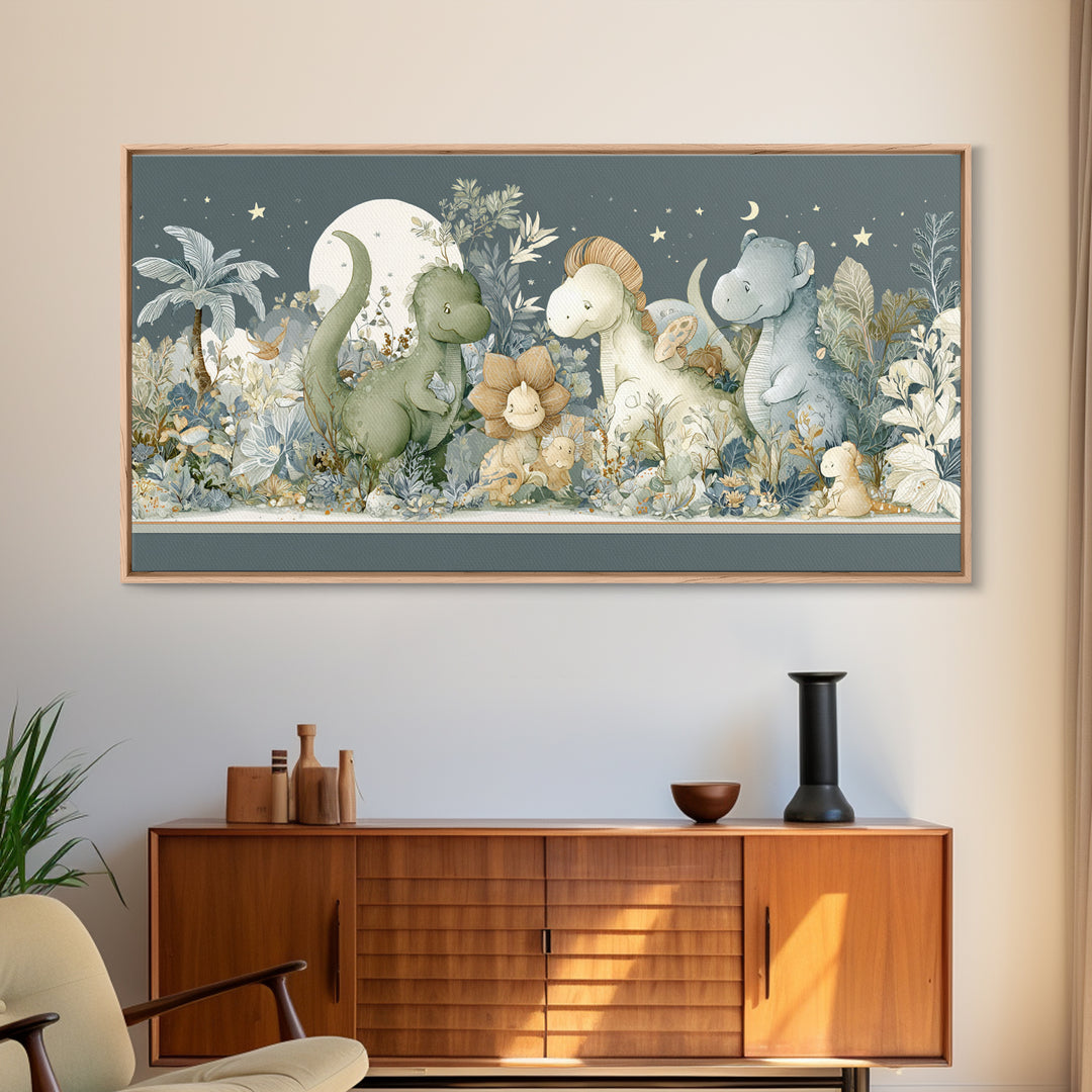 Gentle Dinosaur Family Framed Canvas Print, Nursery Decor, Boho Decor, Oil Painting, Nursery, Nursery Wall Art, Framed Wall Art, NDE-2x1-27
