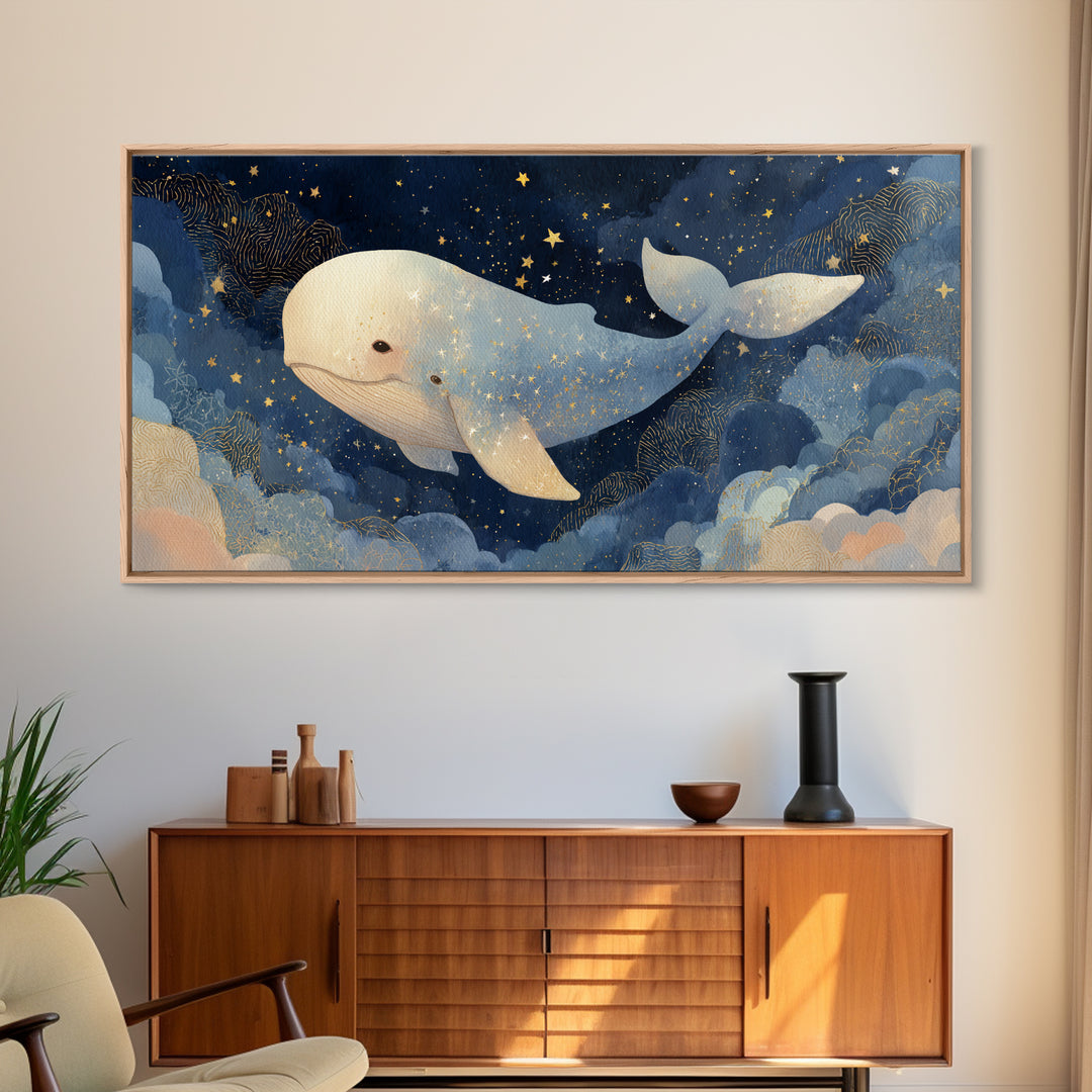 Baby Whale Swimming Through Stars Framed Canvas Print, Nursery Decor, Contemporary Art, Fine Art, Nursery, Wall Decals, NDE-2x1-28