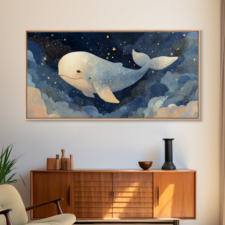 Baby Whale Swimming Through Stars Framed Canvas Print, Nursery Decor, Contemporary Art, Fine Art, Nursery, Wall Decals, NDE-2x1-28