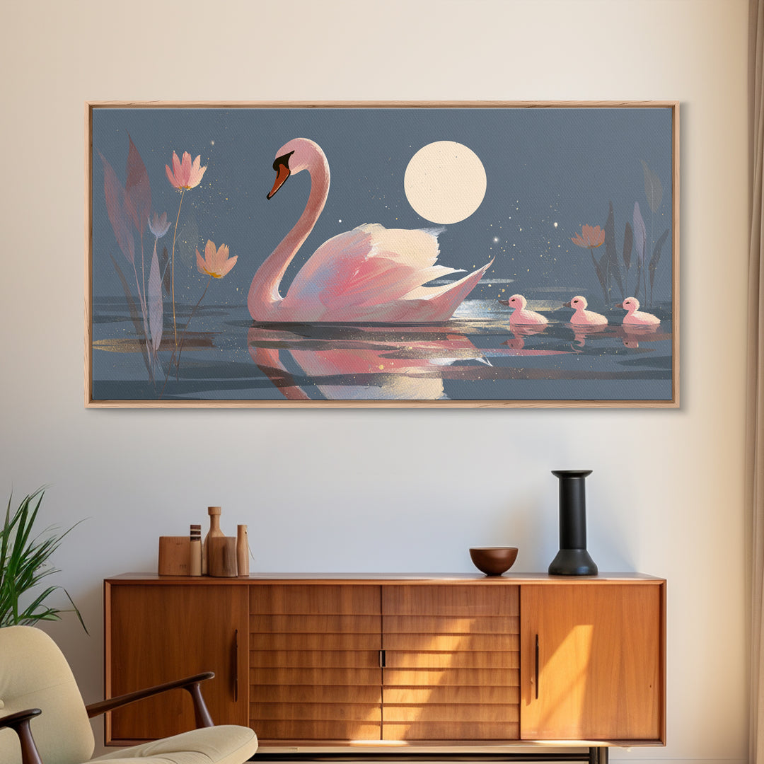Pink Swan on Calm Pond Framed Canvas Print, Nursery Decor, Printable Wall Art, Nursery, Nursery Prints, Playroom Decor, NDE-2x1-33