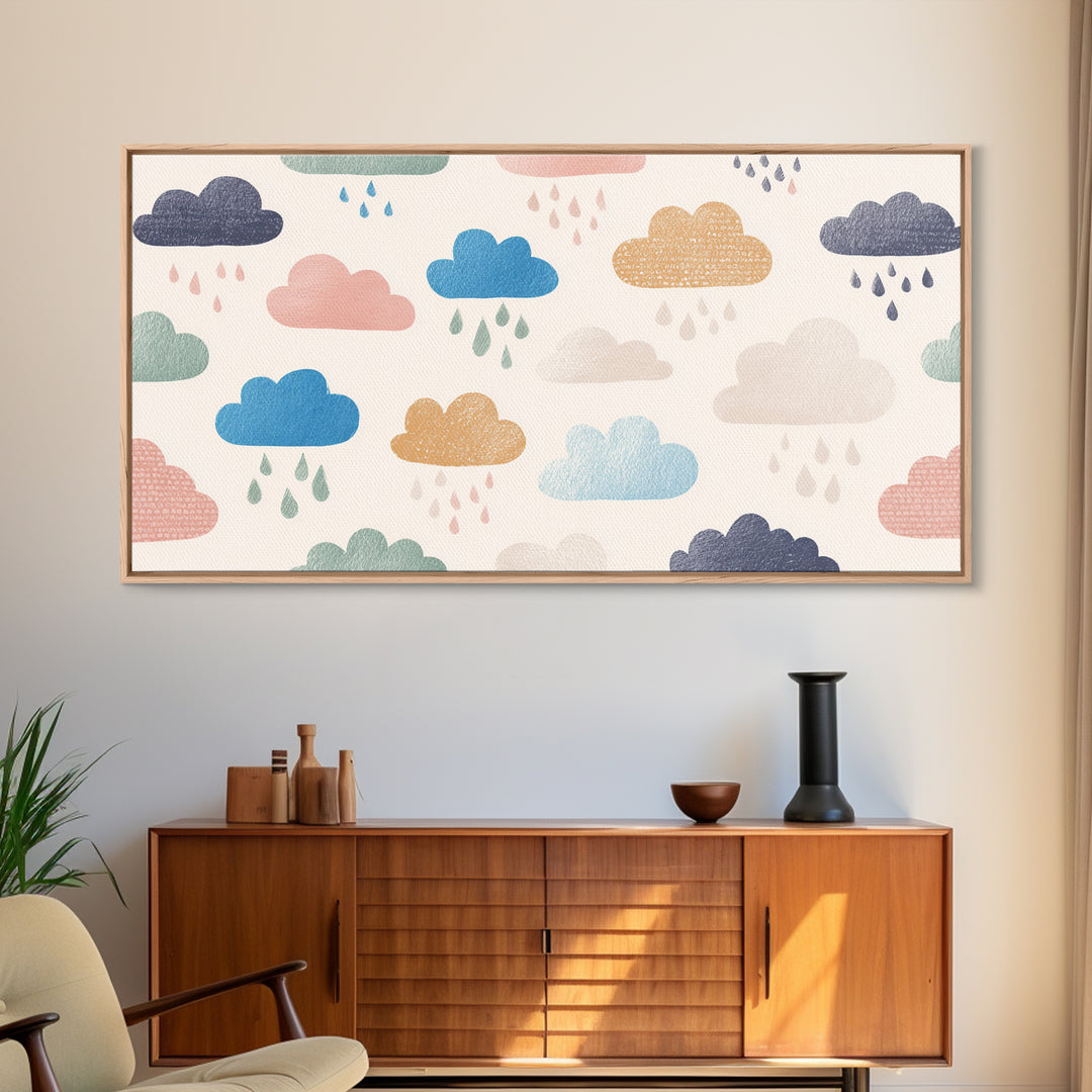 Cloud Rainbow and Raindrop Composition Framed Canvas Print, Nursery Decor, Wall Decor, Nursery, Woodland Nursery Decor, NDE-2x1-40
