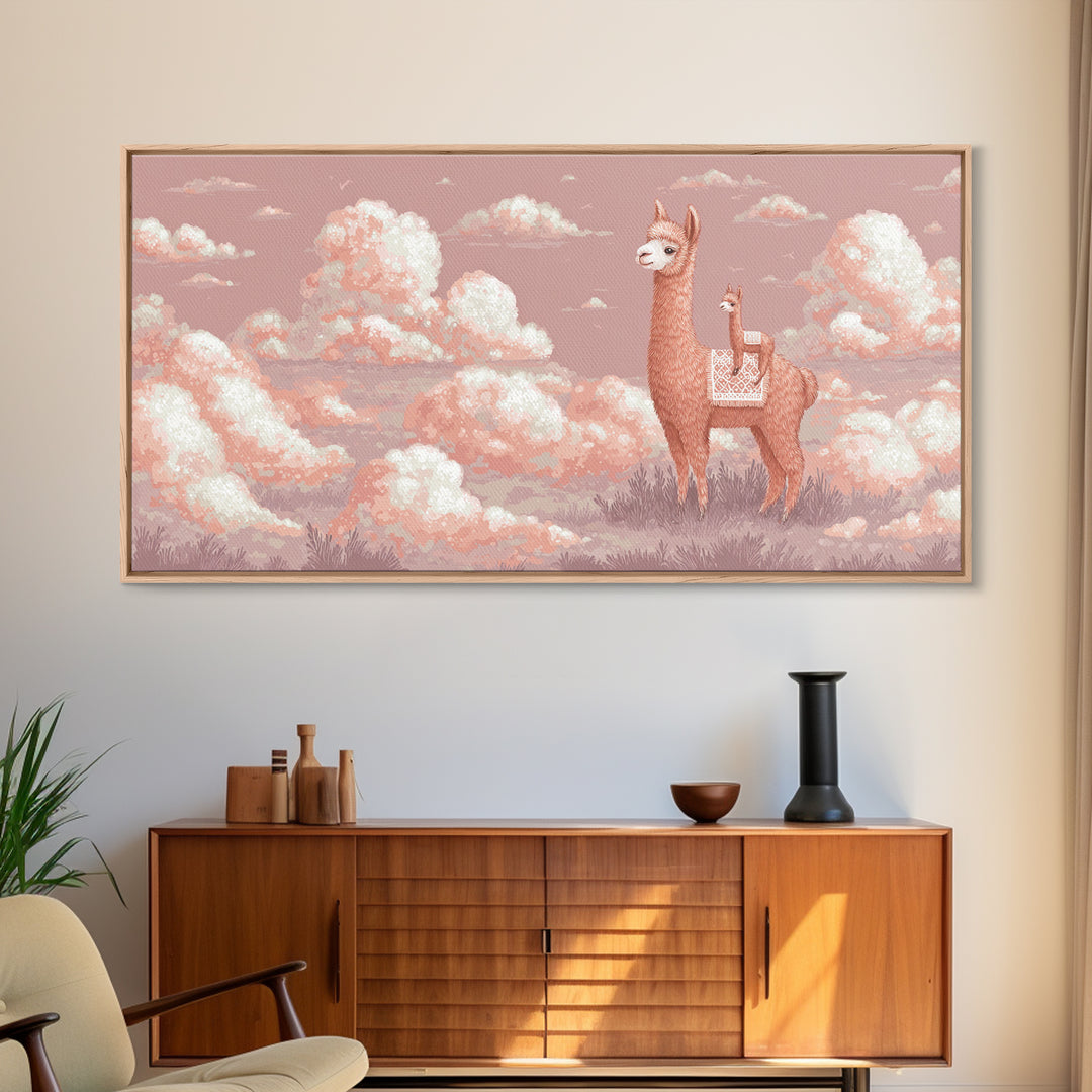Cute Llama with Blanket Pattern Canvas Print, Nursery Decor, Nursery, Floral Wall Art, Botanical Wall Art, Floral Wallpaper, NDE-2x1-41