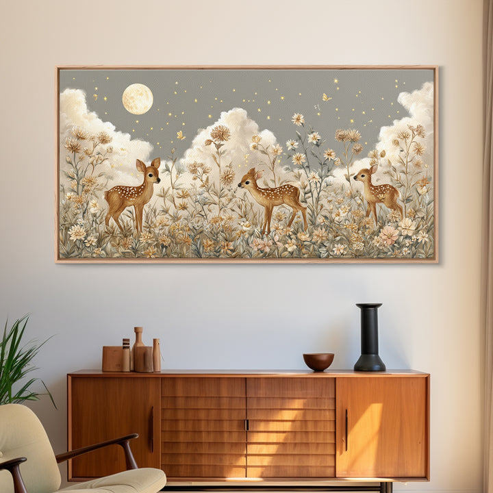 Baby Deer in Meadow with Fireflies Framed Canvas Print, Nursery Decor, Room Decor, Fine Art, Nursery, Framed Wall Art, NDE-2x1-42