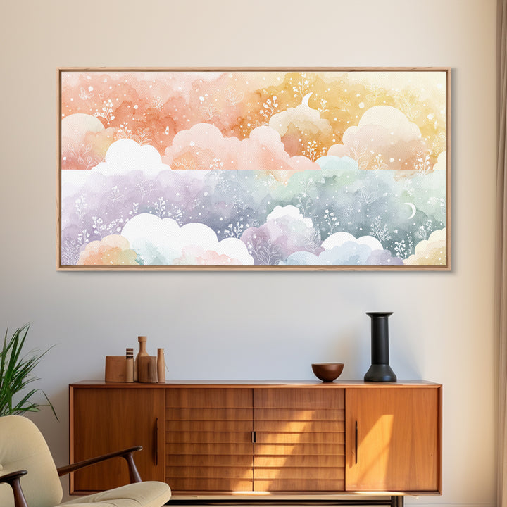 Pastel Rainbow with Soft Cloud Shapes Framed Canvas Print, Nursery Decor, Nursery Wall Decor, Nursery, Nursery Name Sign, NDE-2x1-45