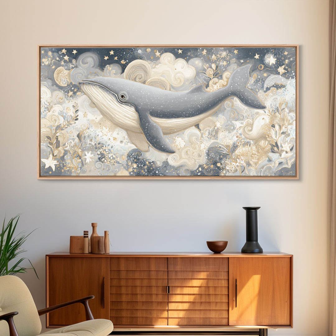 Baby Whale Swimming Through Stars Canvas Print, Nursery Decor, Canvas, Fine Art, Nursery, Playroom Decor, Floral Wall Art, NDE-2x1-52