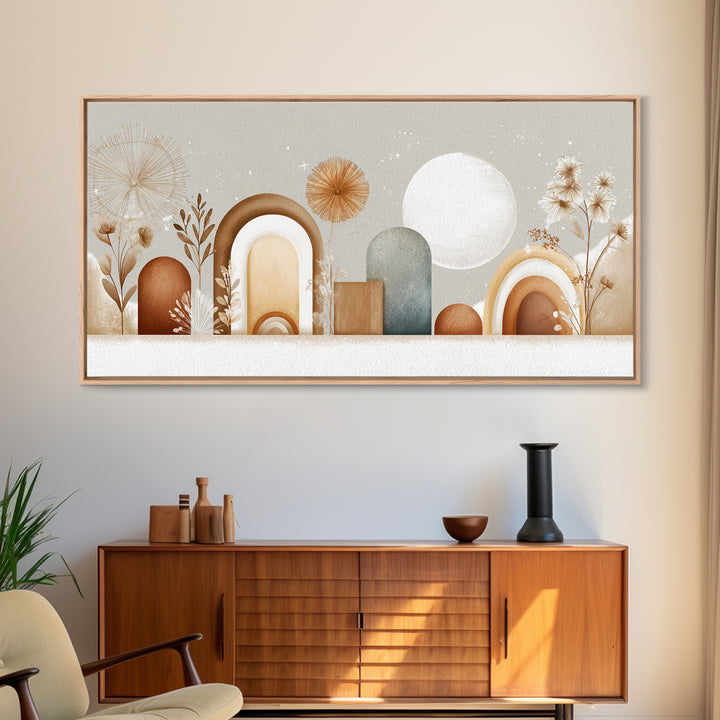 Neutral Boho Sun and Arch Shapes Framed Canvas Print, Nursery Decor, Nursery Prints, Fine Art, Nursery, Nursery Wall Decal, NDE-2x1-55