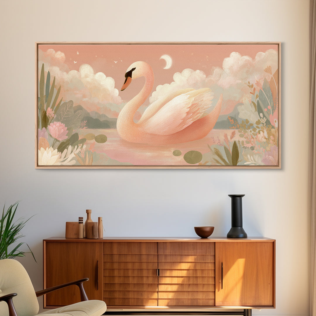 Pink Swan on Calm Pond Canvas Print, Nursery Decor, Wall Decal, Fine Art, Nursery, Wall Light, Baby Girl Nursery Decor, NDE-2x1-57